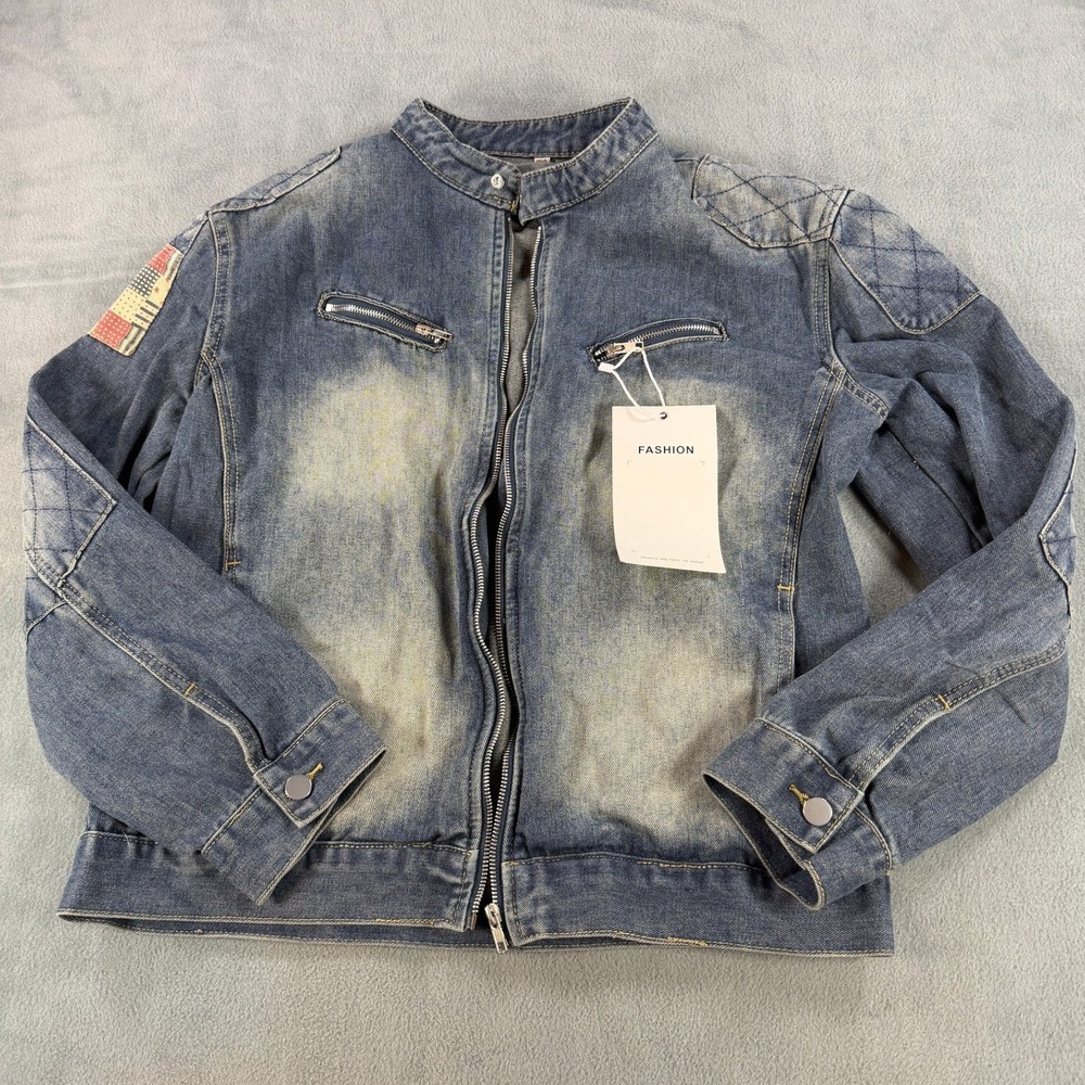 Unbranded Denim Biker Jacket Blue Quilted Moto Jean Jacket 3XL Small Fit